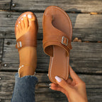 Women's PU leather toe loop sandals with buckle accent from Plush Fashion Hub, featuring comfortable design and stylish footwear.