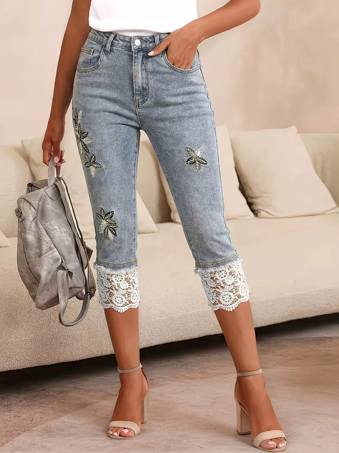 Lace trimmed Capri jeans by Shopimist shown on a model with a casual background, highlighting the stylish lace details and denim fit.