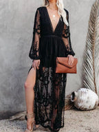 Elegant floral lace high-slit maxi dress by Trendsi, featuring intricate lace details and a flowing formal gown silhouette.