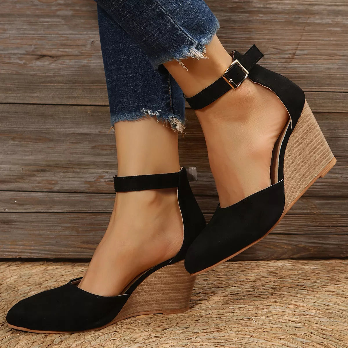 Shopimist point toe wedge sandals with sleek design and sturdy wedge heel, perfect for stylish summer footwear.
