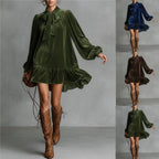 Women’s Bow-Tie Puff Sleeve Dress by FitiqueFit featuring an asymmetric ruffle hem and a stylish casualwear design.