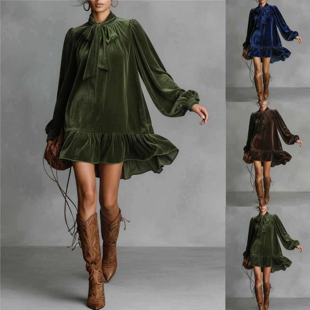 Women’s Bow-Tie Puff Sleeve Dress by FitiqueFit featuring an asymmetric ruffle hem and a stylish casualwear design.