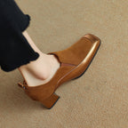 Women's retro cowhide square toe chunky heel slip-on pumps by FitiqueFit, featuring a stylish design and comfortable slip-on style.