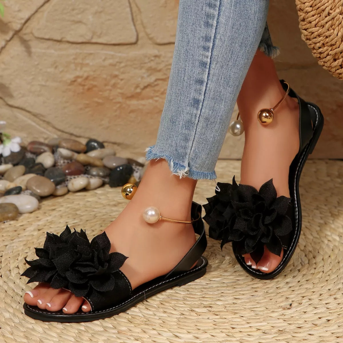 Plush Fashion Hub floral decor flat sandals with colorful flower embellishments and open-toe design for casual summer wear.
