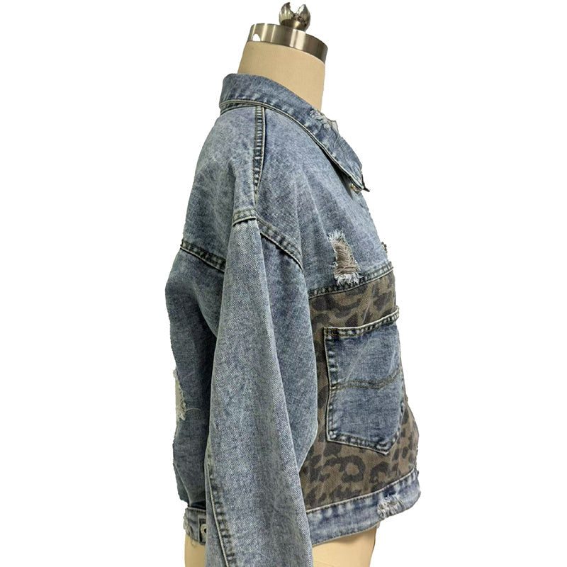 Women's distressed cropped denim jacket by FitiqueFit, casualwear style with frayed edges and a stylish, relaxed fit.