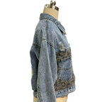 Women's distressed cropped denim jacket by FitiqueFit, casualwear style with frayed edges and a stylish, relaxed fit.
