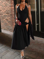 Halter neck ruched bodysuit and maxi skirt set by Shopimist, featuring a stylish fitted bodysuit and flowing skirt in a coordinated look.