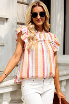 Women's striped cap sleeve blouse with ruffles, lightweight casual chic top from Trendsi, featuring a stylish and comfortable design.