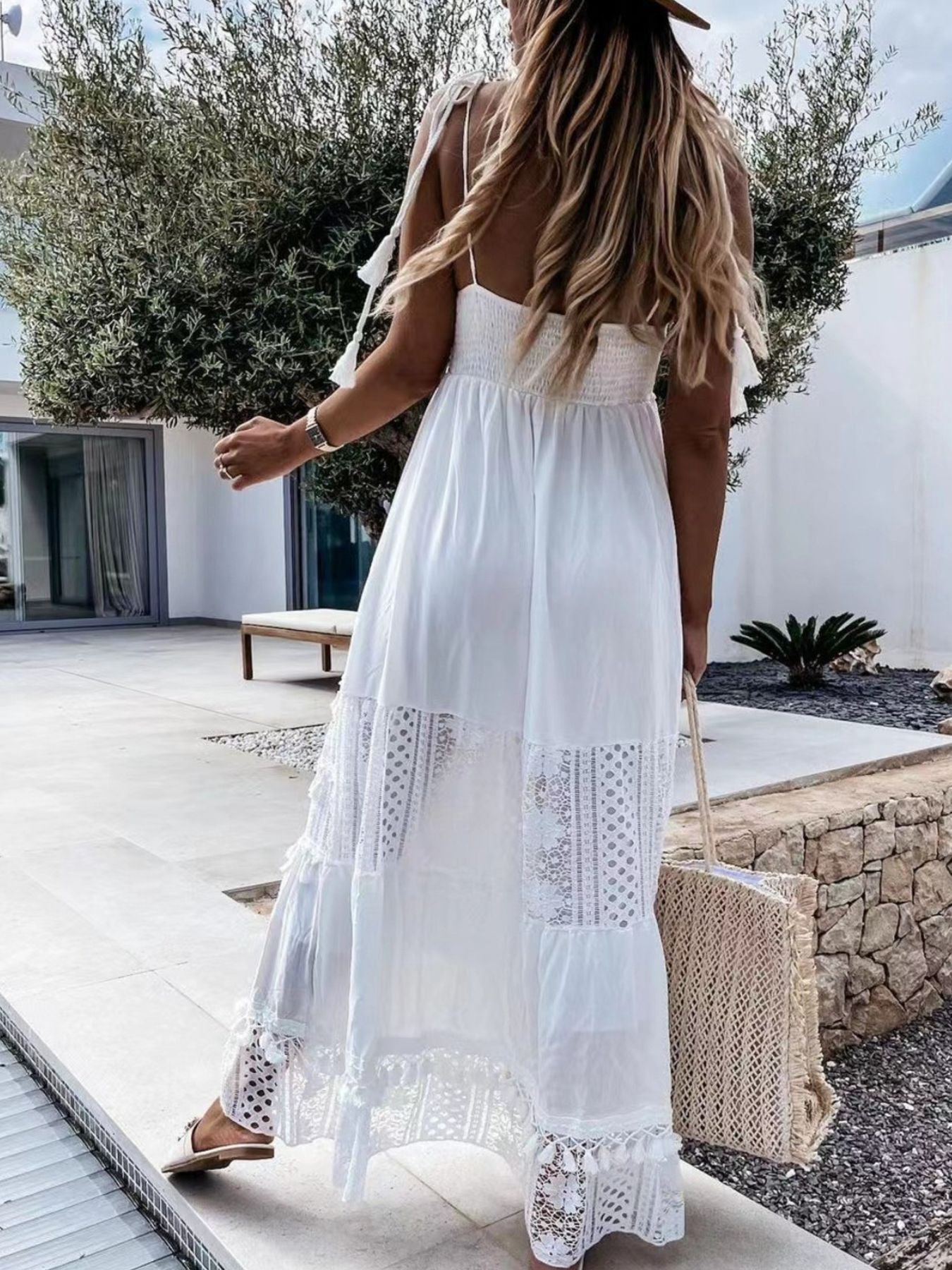 Plus size bohemian cami dress with crochet and tassel trim, flowy summer midi dress from Trendsi.