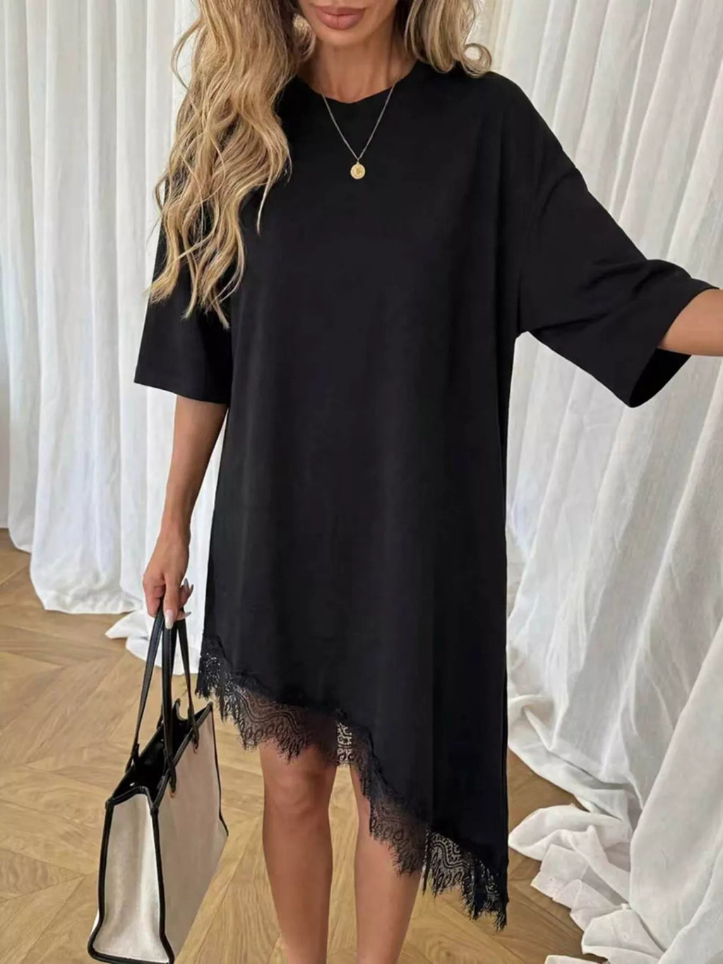 Lace trim asymmetrical hem T-shirt dress by Shopimist, shown in a stylish casual design with lace details and unique hemline.