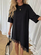 Lace trim asymmetrical hem T-shirt dress by Shopimist, shown in a stylish casual design with lace details and unique hemline.