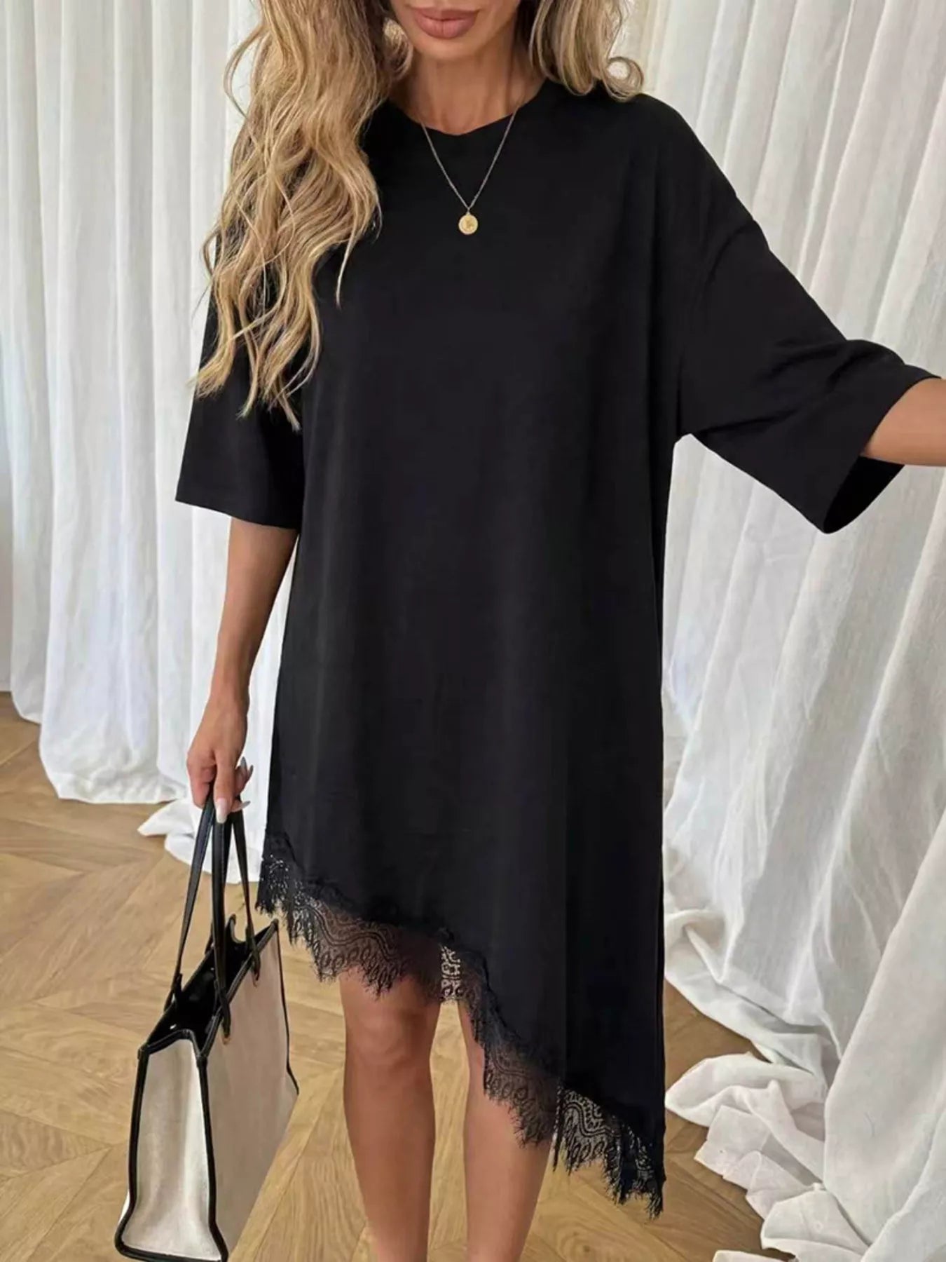 Lace trim asymmetrical hem T-shirt dress by Shopimist, shown in a stylish casual design with lace details and unique hemline.