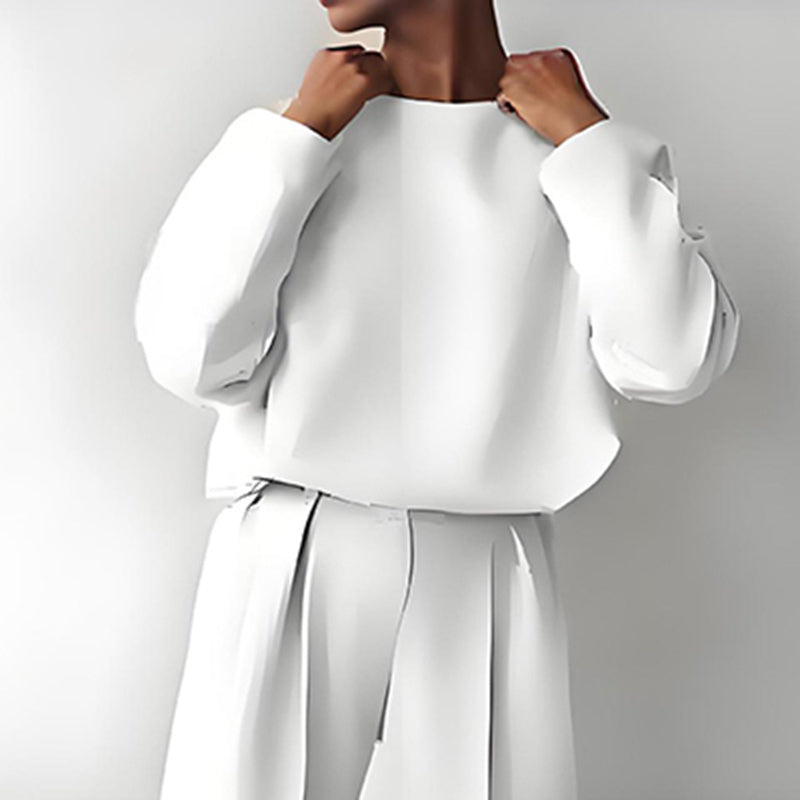 Women’s solid color 2-piece loungewear set from FitiqueFit, featuring a long sleeve top and pleated pants in casual style.