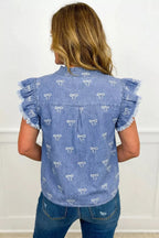 Blue denim top with frilled collar and flutter sleeves from Plush Fashion Hub, featuring a stylish, casual shirt design.