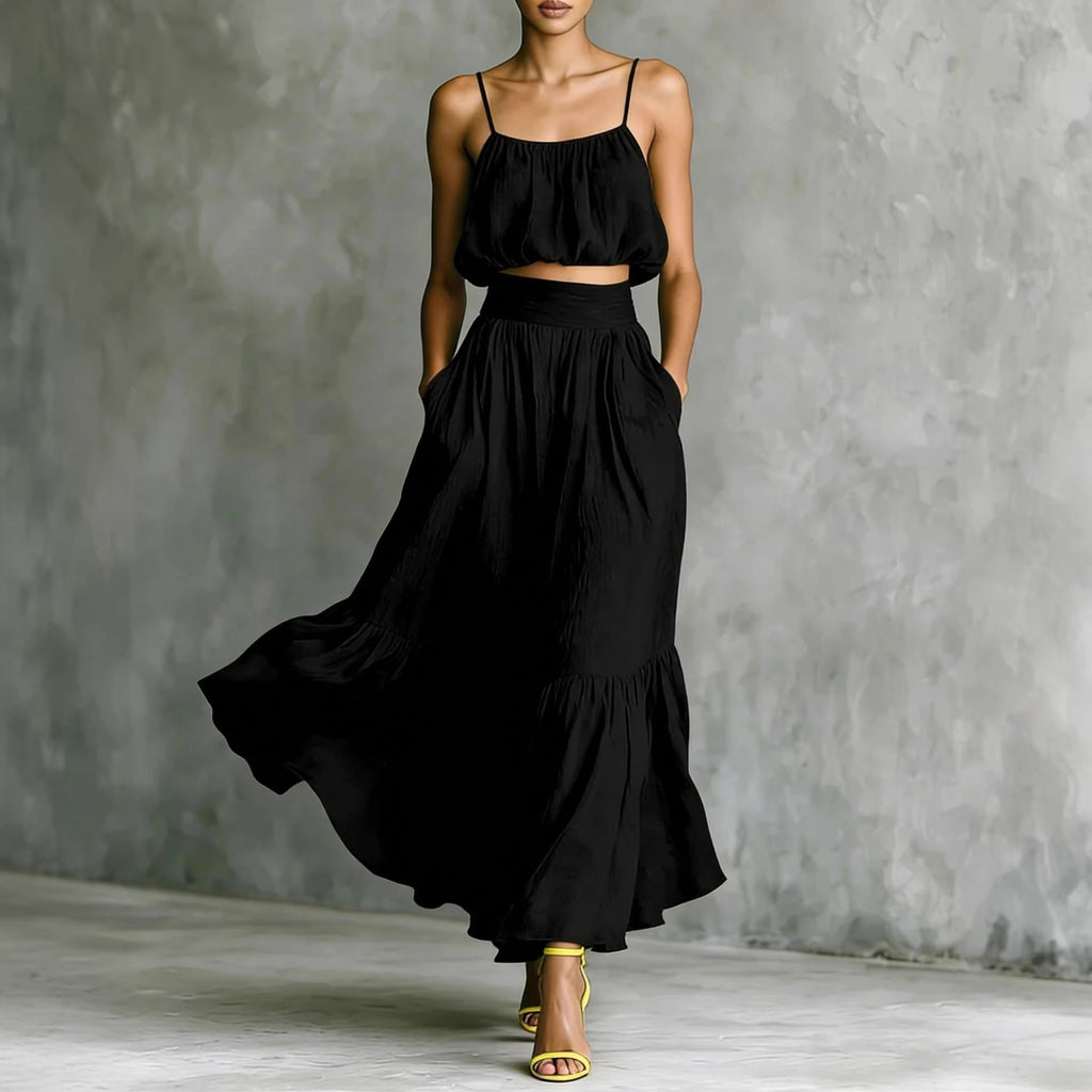 Women’s two-piece flared skirt set by FitiqueFit, featuring a high-waist casualwear outfit with a stylish, flowing skirt and matching top.