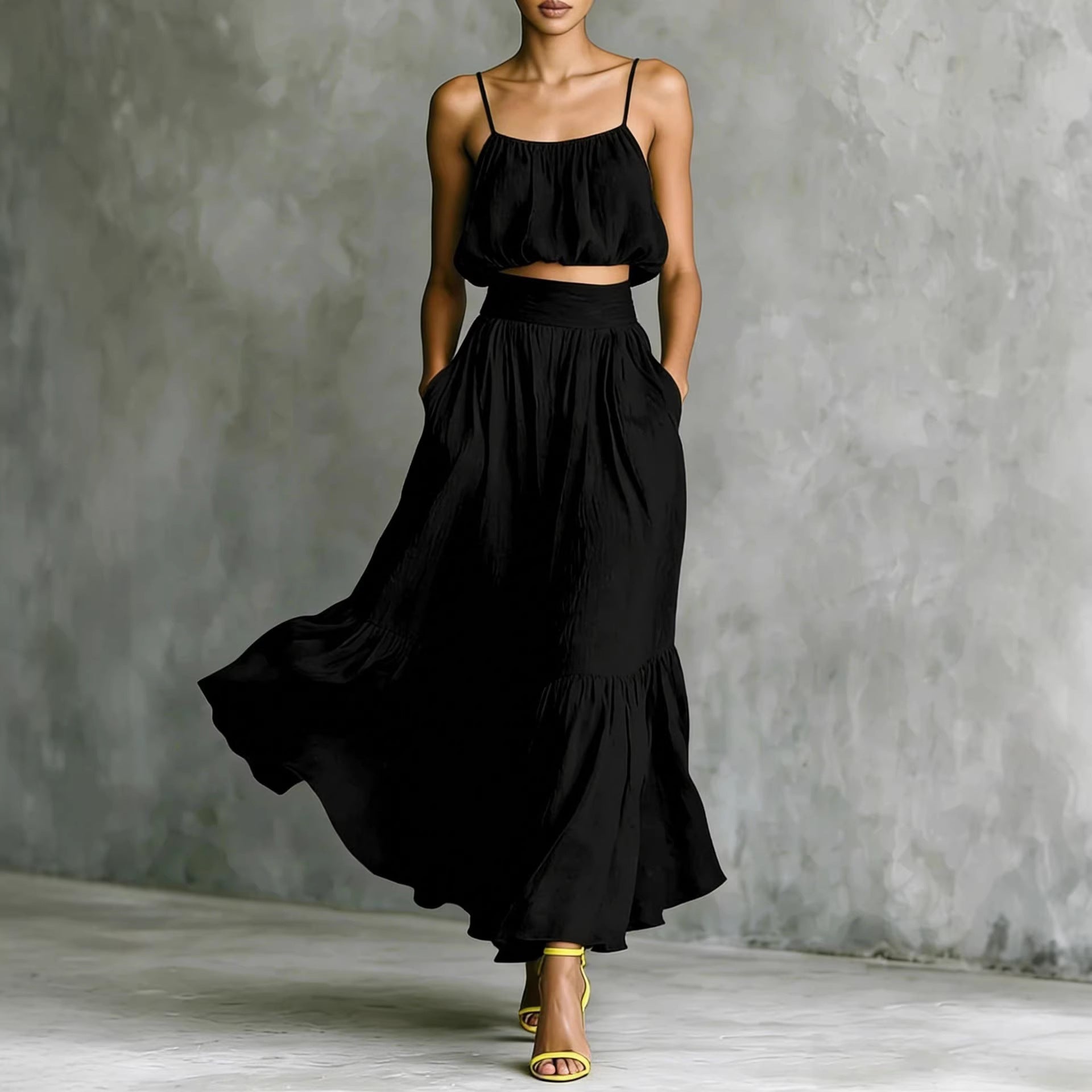 Women’s two-piece flared skirt set by FitiqueFit, featuring a high-waist casualwear outfit with a stylish, flowing skirt and matching top.