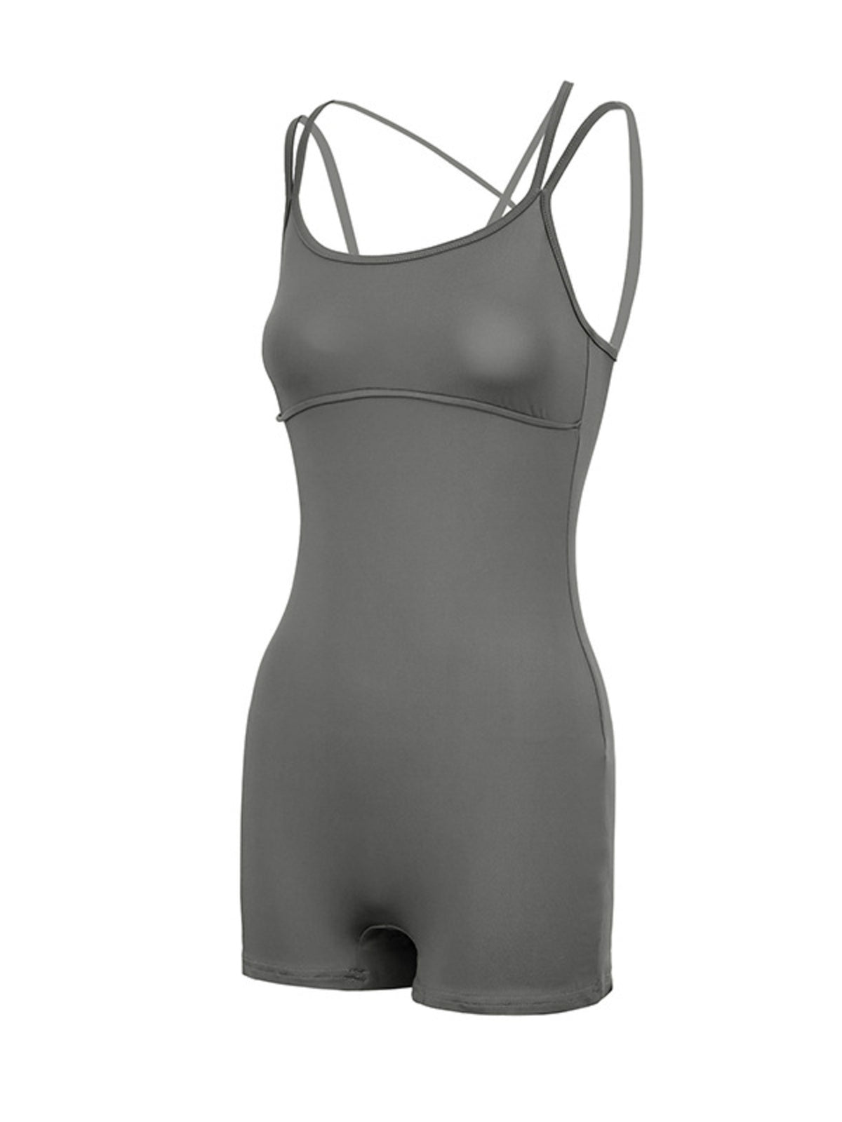 Plush Fashion Hub double spaghetti strap active romper displayed on a hanger with a fitted, casual style perfect for summer wear.