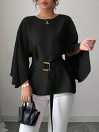 Black batwing sleeve belted blouse from Shopimist featuring a relaxed fit and stylish design.