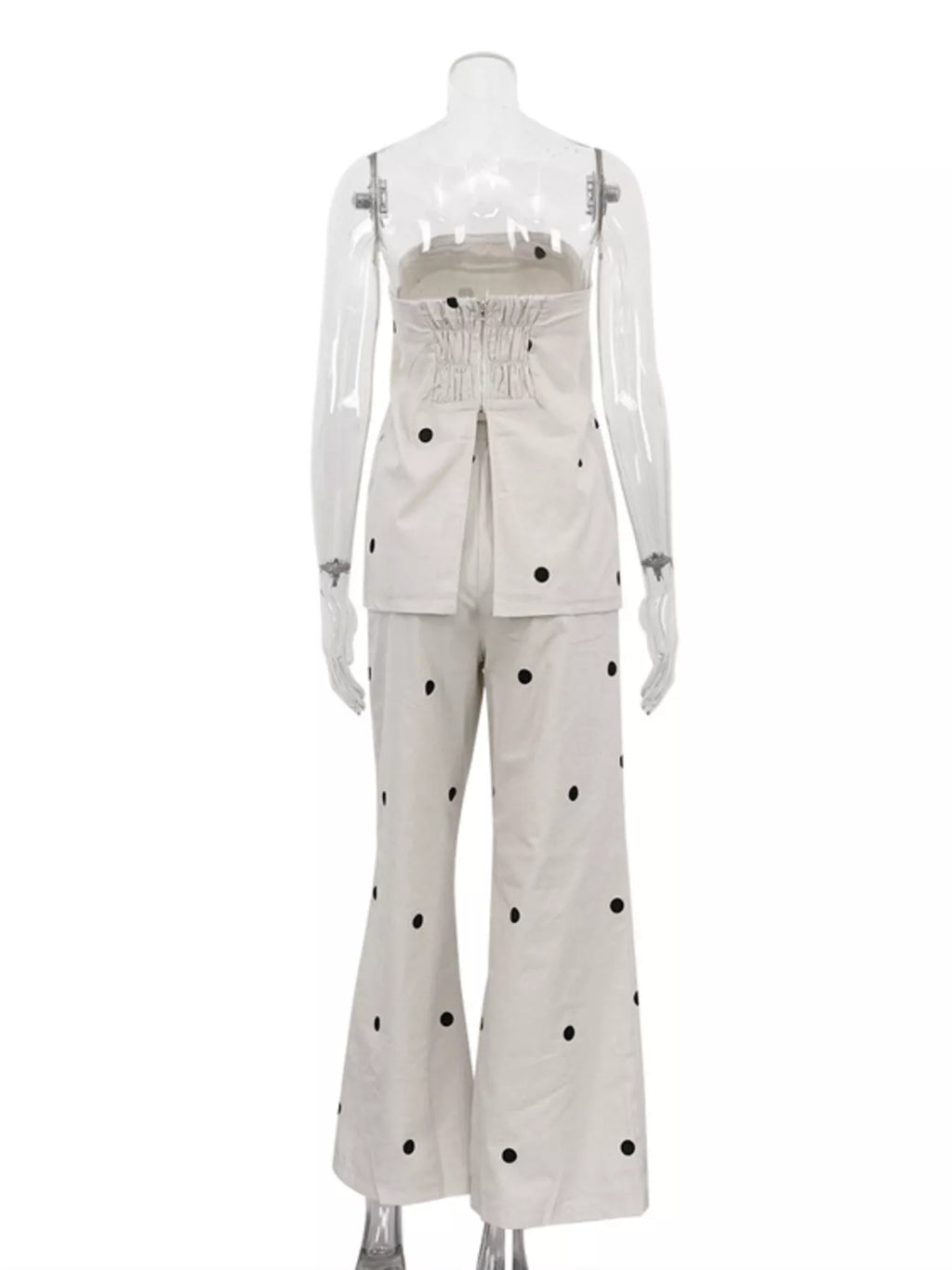 Polka dot tube top and pants set by Shopimist featuring a stylish matching outfit with a tube top and high-waisted pants.