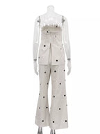 Polka dot tube top and pants set by Shopimist featuring a stylish matching outfit with a tube top and high-waisted pants.