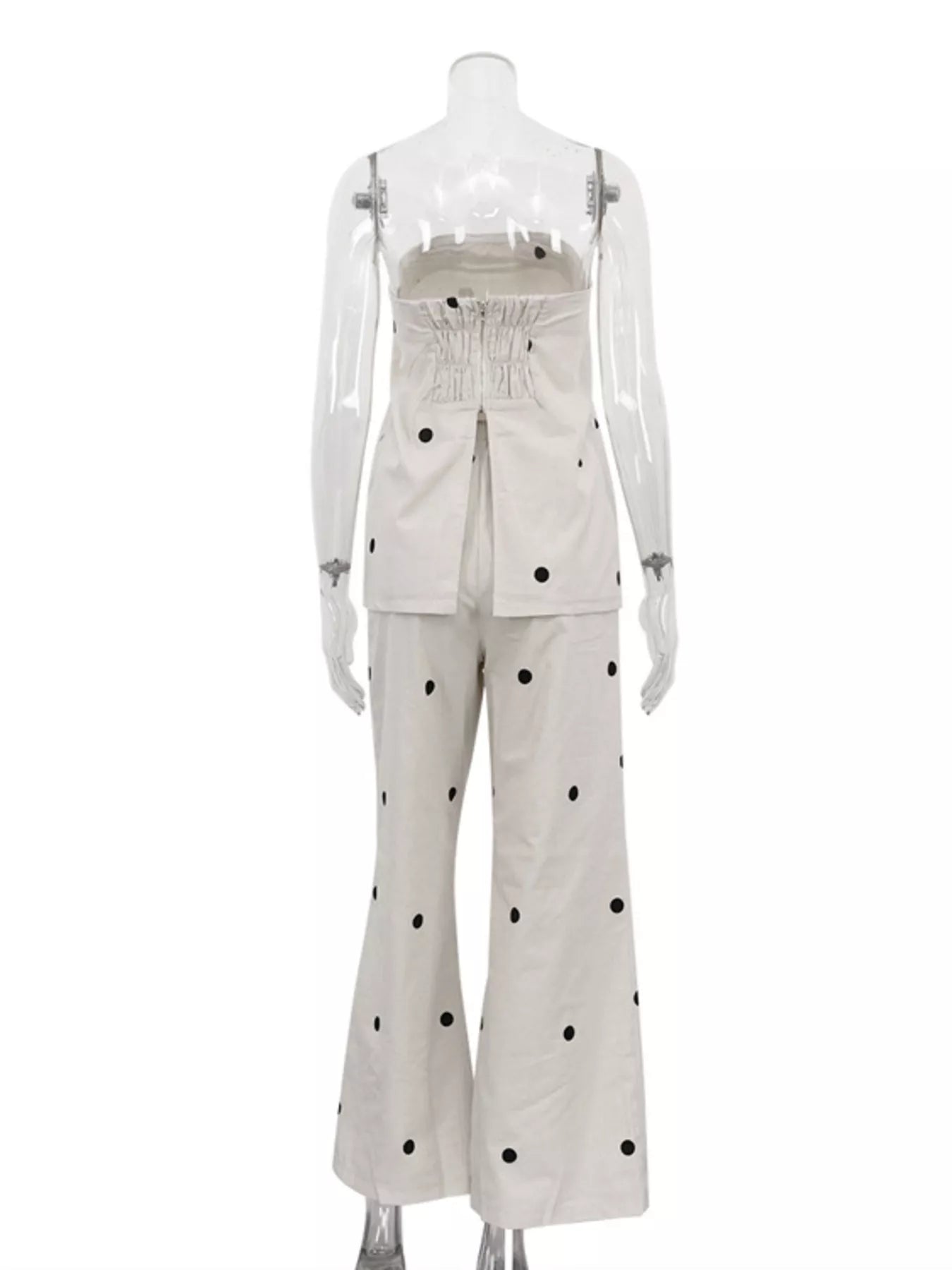 Polka dot tube top and pants set by Shopimist featuring a stylish matching outfit with a tube top and high-waisted pants.