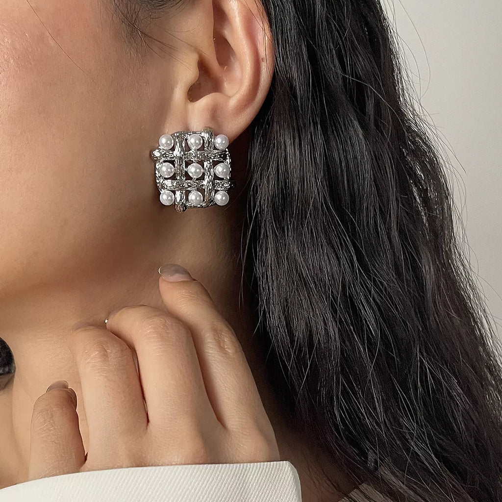 Pearl grid square stud earrings by Shopimist featuring elegant white pearls on a geometric square design.