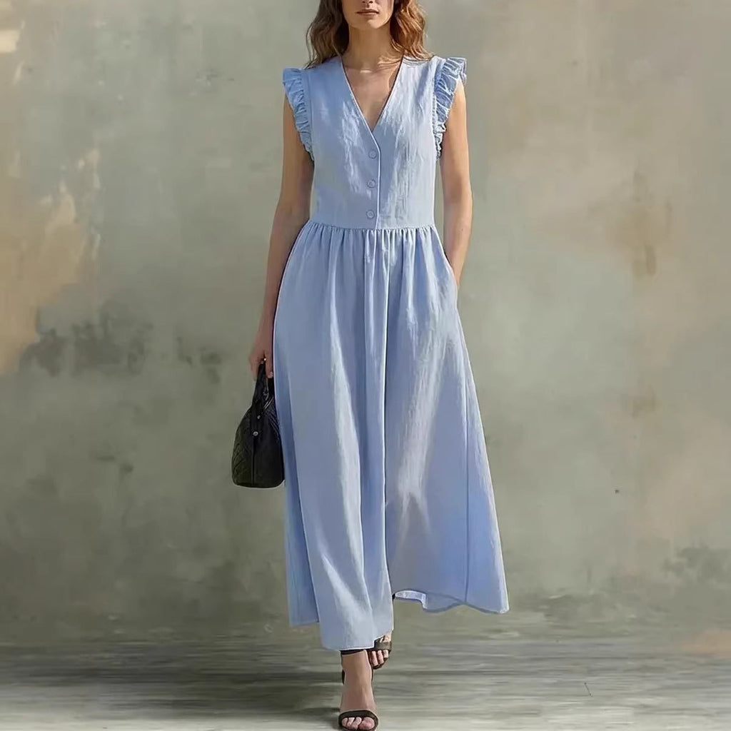FitiqueFit cotton linen V-neck puff-sleeve dress with pockets in a casual style, available in seven colors.