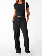 Women's round neck short sleeve T-shirt and drawstring lounge set, casual 2-piece set with comfortable fit, by Trendsi.