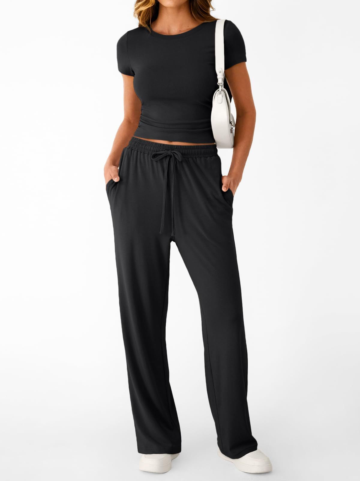 Women's round neck short sleeve T-shirt and drawstring lounge set, casual 2-piece set with comfortable fit, by Trendsi.