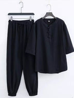 Men's plus size Chinese style top and pants set by Shopimist, featuring traditional design and comfortable fabric.