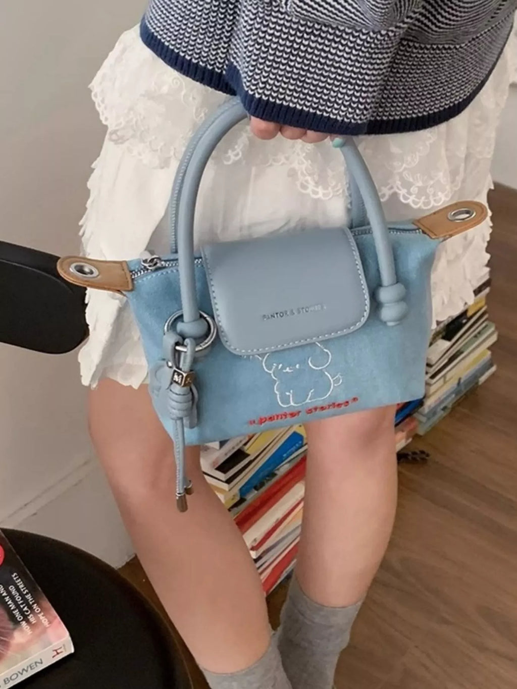 Denim handbag with puppy embroidery from Shopimist, featuring a stylish design and embroidered puppy detail on the front.