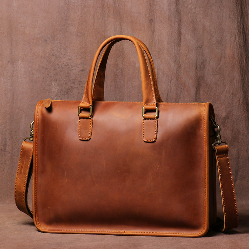 Men's Crazy Horse leather briefcase by Plush Fashion Hub, featuring a sleek design and a padded compartment for laptops.