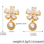18K gold-plated stainless steel zircon flower drop earrings, elegant jewelry with sparkling zircon stones and floral design.