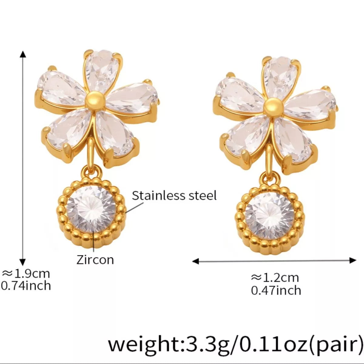 18K gold-plated stainless steel zircon flower drop earrings, elegant jewelry with sparkling zircon stones and floral design.