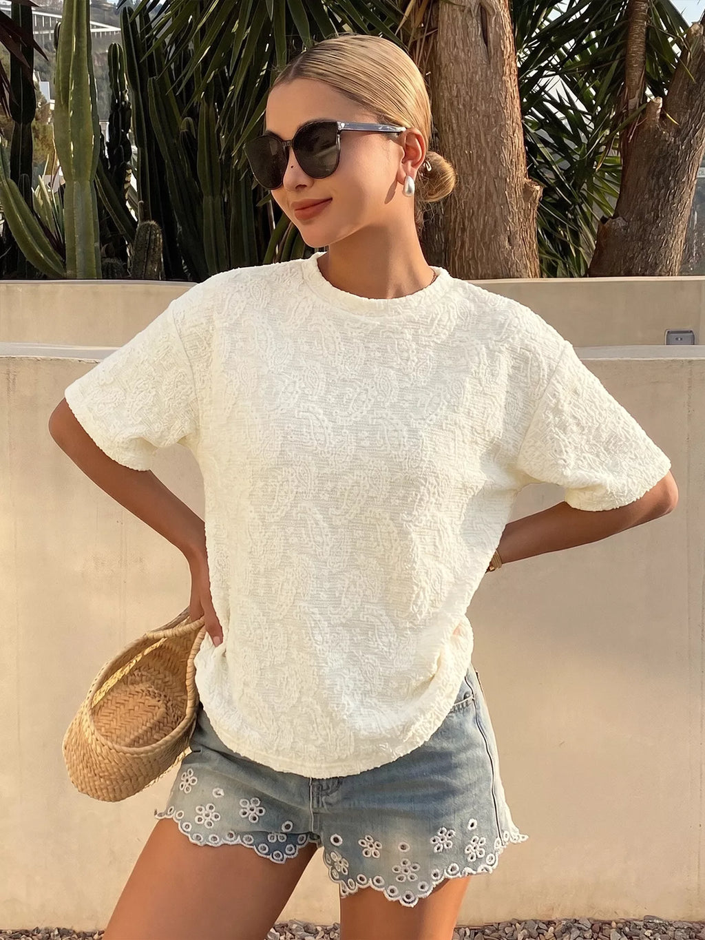Textured paisley pattern casual T-shirt from Plush Fashion Hub, showing the intricate design and relaxed fit in natural fabric.