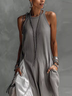 Two-tone sleeveless maxi dress by Plush Fashion Hub featuring an elegant casual summer gown with a floor-length design.