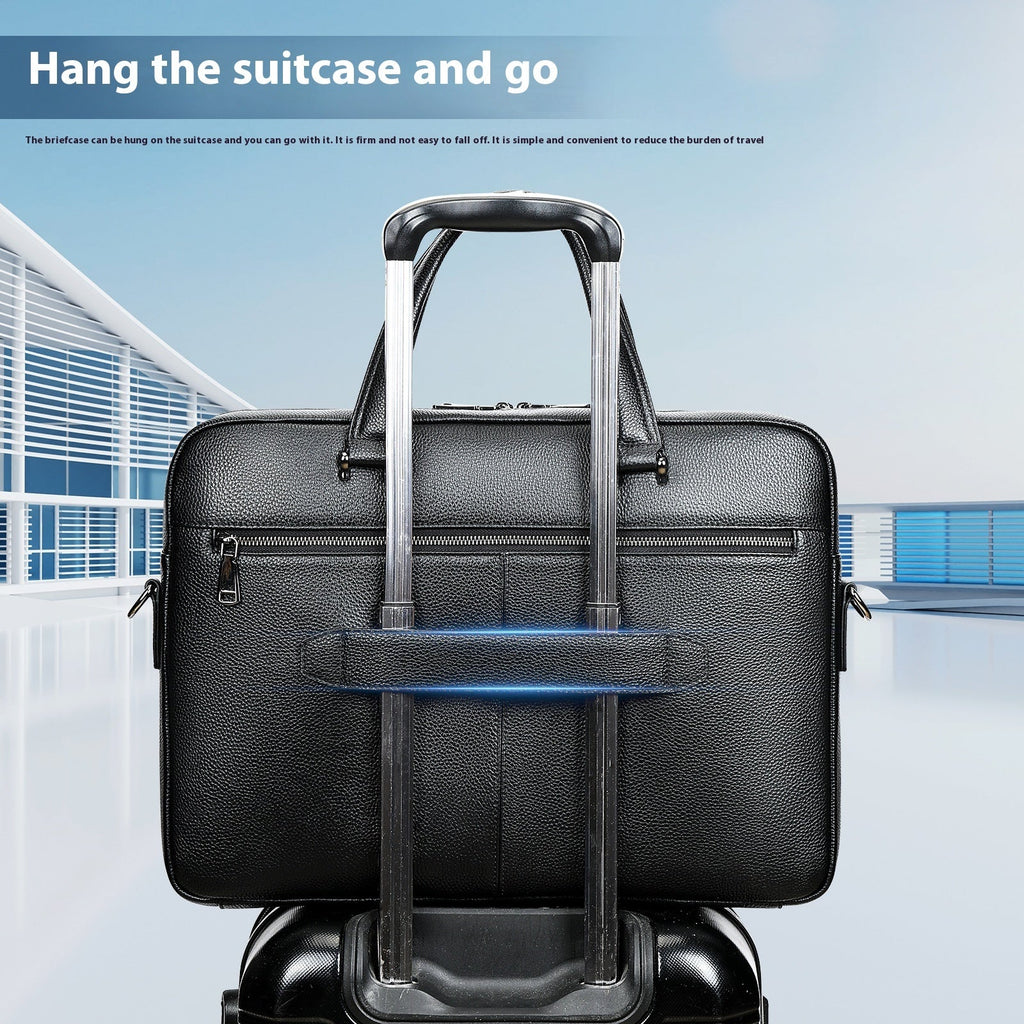 Large capacity men's horizontal briefcase made of cowhide leather from Plush Fashion Hub, designed to hold a 17-inch laptop.