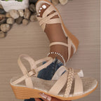 Open toe wedge sandals by Shopimist featuring a stylish design with a comfortable cork wedge heel and neutral color.