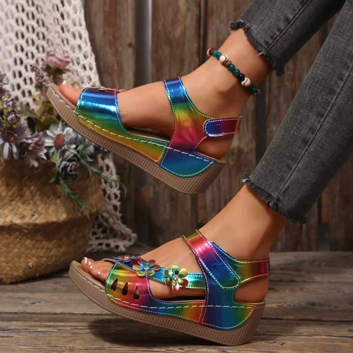 Floral embellished Shopimist wedge sandals with open toe design and ankle strap, featuring colorful floral accents and sturdy wedge heel.