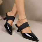 Shopimist point toe flare heel sandals with elegant design, featuring sleek straps and a stylish flare heel in neutral tones.