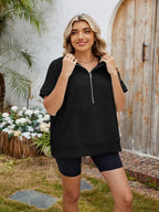 Gray half zip short sleeve hooded top from Trendsi, casual top with a front zipper and hood, perfect for layered outfits.