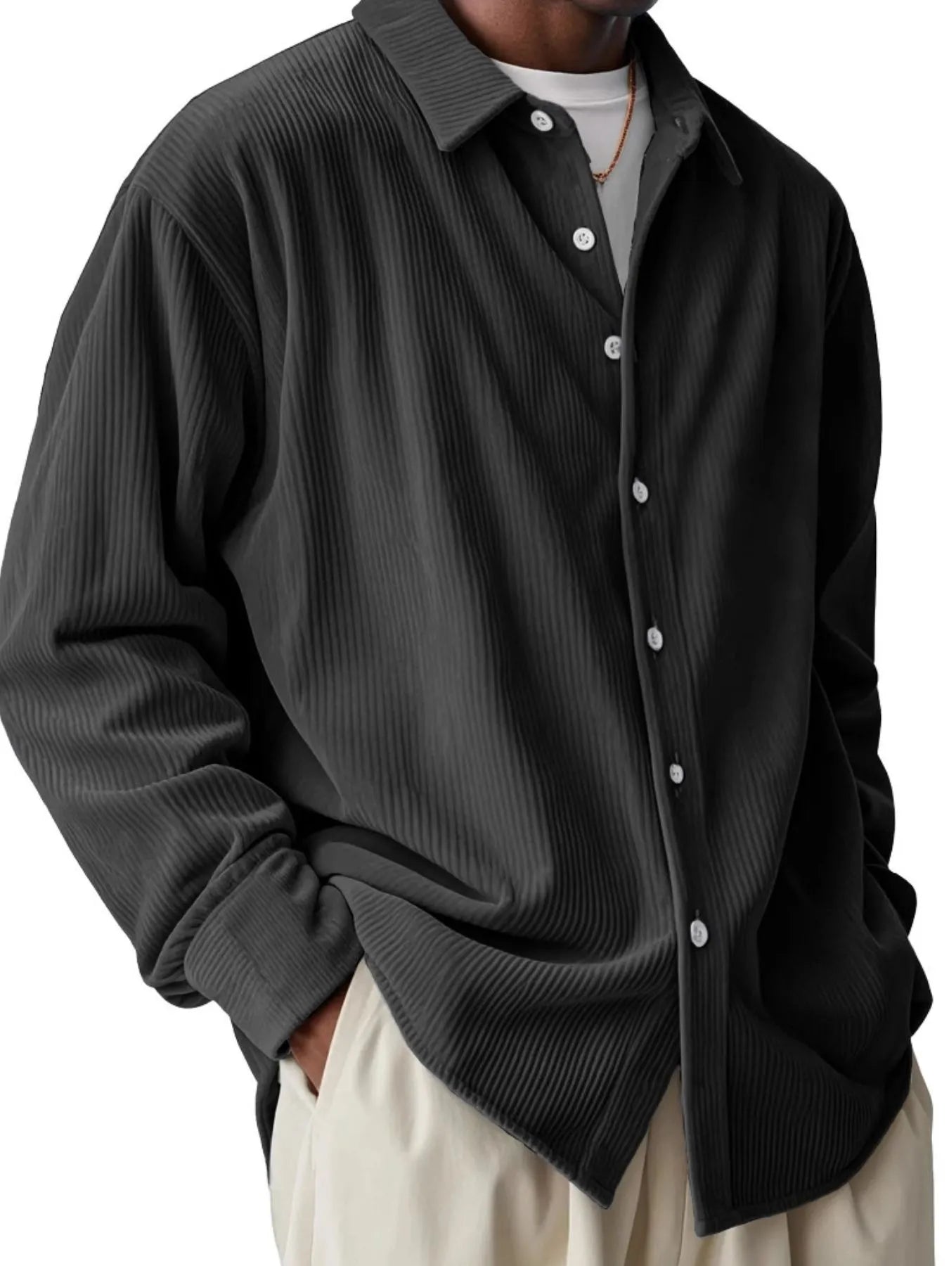 Men's plus size textured corduroy button-down shirt in a full size, featuring a classic collar and long sleeves.