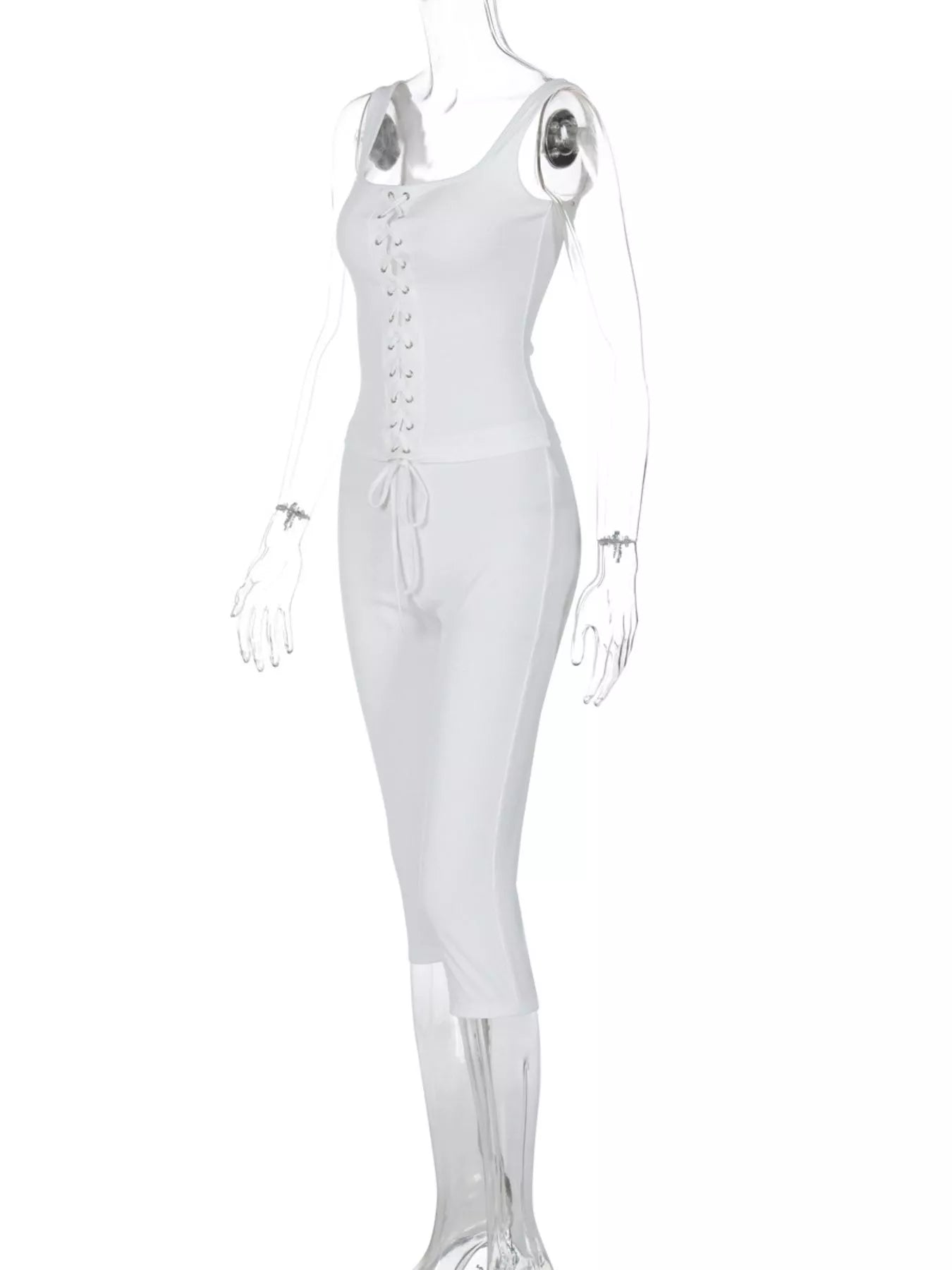 Shopimist lace-up tank top and capris set, featuring a stylish sleeveless top with lace-up detail and matching fitted capris.