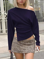 Shopimist asymmetrical off-shoulder long sleeve T-shirt, stylish tops with unique design and fitted silhouette.
