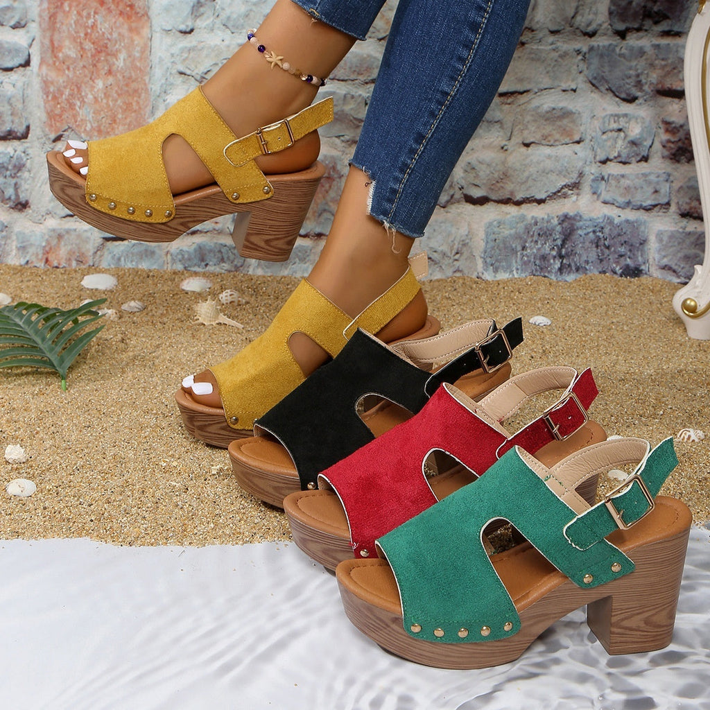Women's peep-toe chunky heel buckle sandals by FitiqueFit, featuring open toes, ankle strap, and stylish heel design.