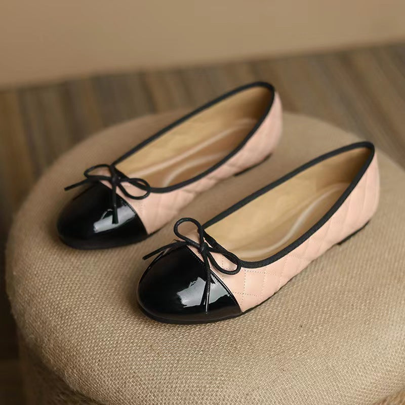 Women's FitiqueFit classic egg-roll edge slip-on flats with round toe design, inspired by Chanel-inspired footwear, on a neutral background.
