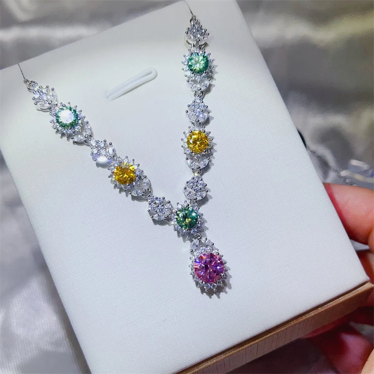 Sterling silver moissanite necklace with a 3.5-carat sparkling gemstone, elegant jewelry piece for women.