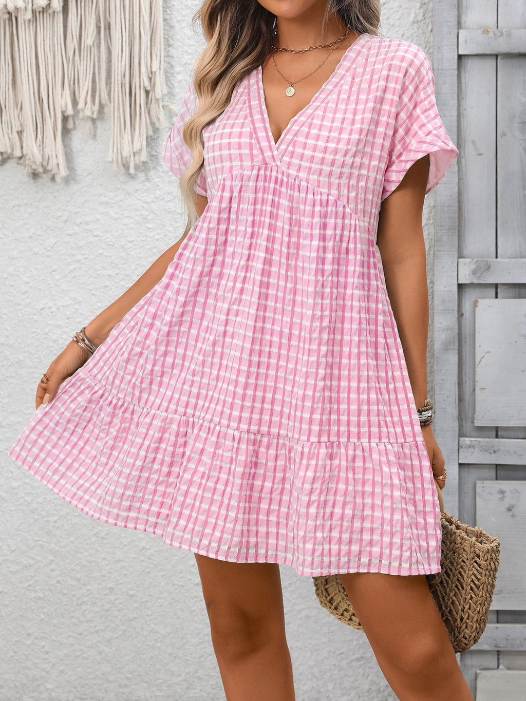 Plush Fashion Hub plaid V-neck mini dress with ruffle hem, lightweight seasonal fashion, featuring a chic plaid pattern and stylish fit.