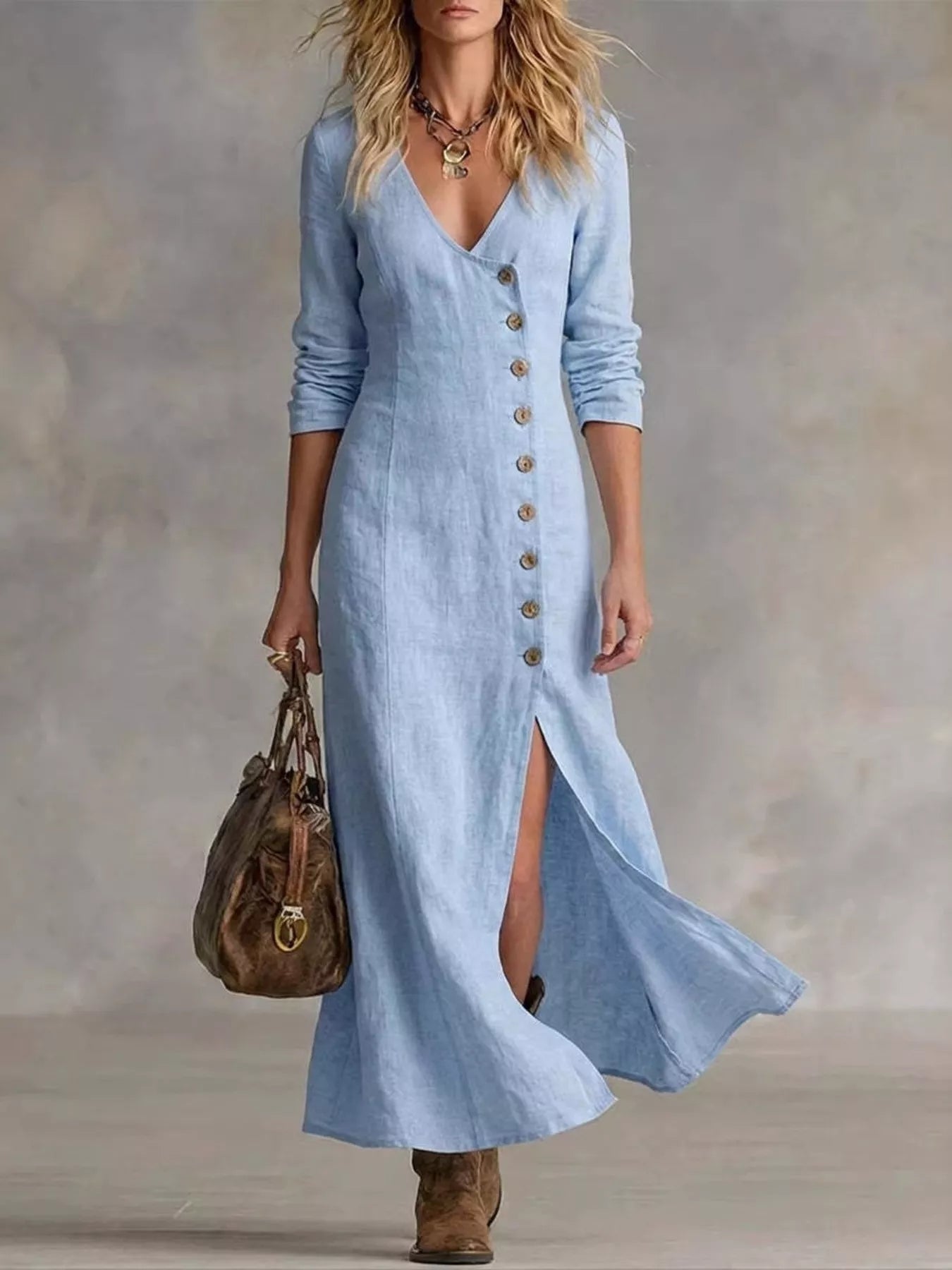 Plus size maxidress with button front and slit from Plush Fashion Hub, featuring a flowing design and elegant style.