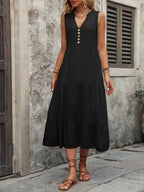 Ivy Lane women's sleeveless button-down dress with notched neckline, made of 100% cotton, shown on a hanger.